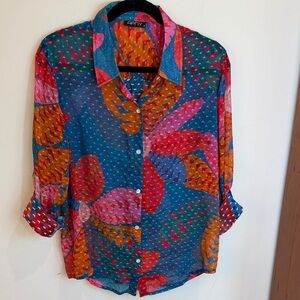 Apny Floral Button Up w/Roll Sleeves & Textured Dots, S- Bohemian, Spring